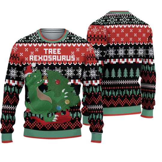 Ugly Christmas Sweater Mens Large Dinasaur Tree T-Rex Funny 3D Embroidered Star