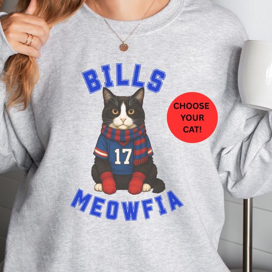 Discover Bills Meowfia Cat Sweatshirt | Winter Style Funny Buffalo Football Number 17 Fan Crewneck Pullover | Cool Unique Cat Lover Gift | Game Day