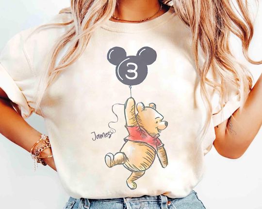 Discover Custom Kid Name Age Winnie the Pooh With Balloon Shirt, Personalized Pooh Bear Birthday Party Tee, Disneyland Boy Girl Birthday Family Trip