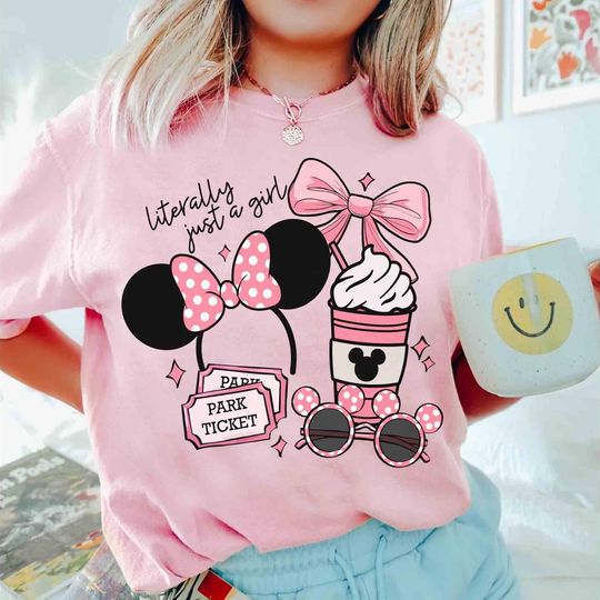 Discover Disney Coquette Bow Literally Just A Girl Pink T-shirt, Minnie Mouse Girl Trip Outfits, WDW Disneyland Vacation 2025 Shirt, Family Holiday