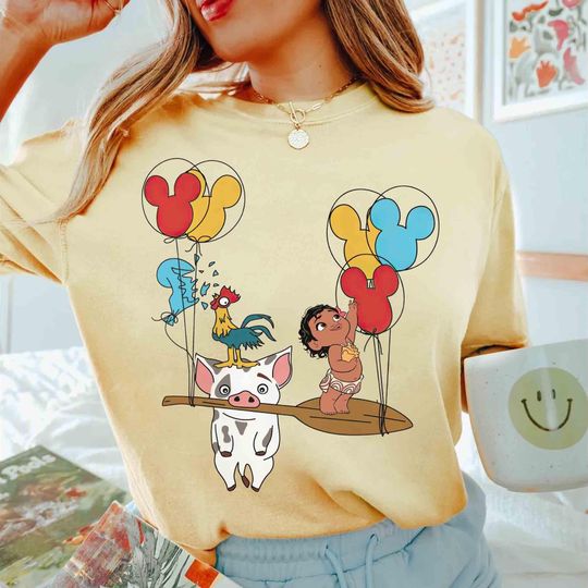 Discover Funny Moana Hei Hei And Pua Mickey Balloons T-shirt, Disney Moana Characters Group Tee, Disneyland Family Holiday Vacation Trip