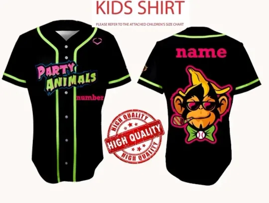 Discover Party Animals BASEBALL 3D CUSTOM NAME AND NUMBER Jersey Adults Kids Youth