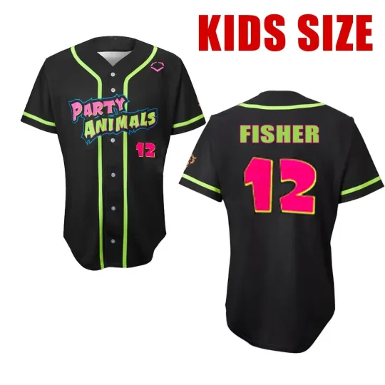 Discover Party Animals Fisher #12 Jerseys Button Baseball Adults Kids Youth Boys Girls