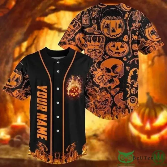 Discover Custom Name Halloween Skull Orange Baseball Jersey shirt