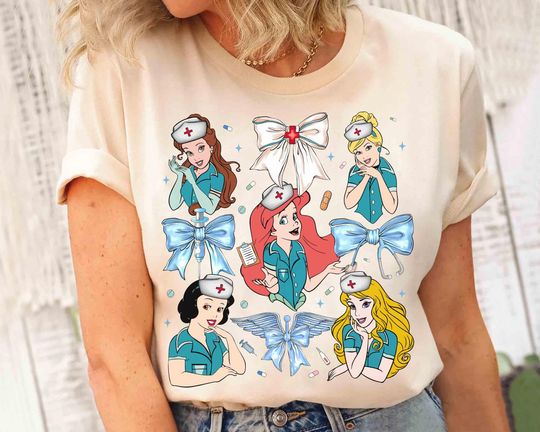 Discover Coquette Bows Watercolor Disney Princess Nurse Shirt, Happy Nurse's Day, Nurse Life Tee, Nursing School Gift Shirt, Belle Aurora Tee