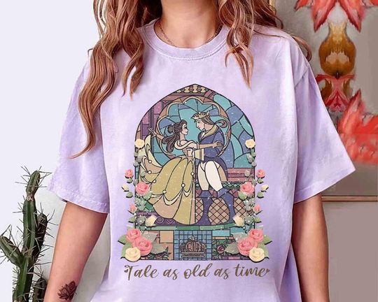 Discover Disney Beauty & The Beast Stained Glass Rose Graphic Retro Shirt, Belle Princess Tee, Magic Kingdom Disneyland Family Vacation Trip