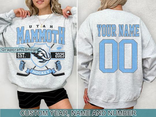Discover Customized Utah Mammoth Sweatshirt, Utah Mammoth shirt, Utah Hockey shirt, Custom Hockey Shirt, Hockey Christmas Gift
