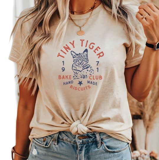 Discover Tiny Tiger Bake Club Cat Tshirt, cat biscuits shirt, cat lover gift, vintage style, 70s retro t-shirt, cat mom tee, cat dad, tabby cat shirt