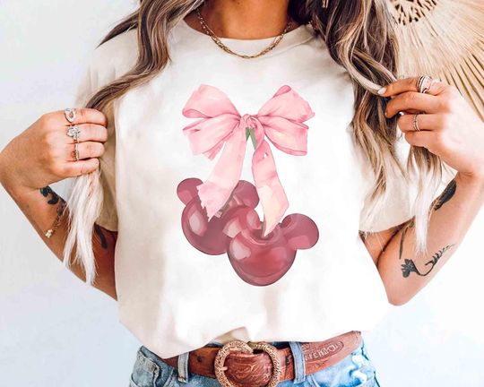 Discover Cute Minnie Cherry Coquette Bow Shirt, Disney Minnie Mouse Coquette Shirt, Disneyland Coquette Shirt, Mickey and Friends Shirt , Family Trip
