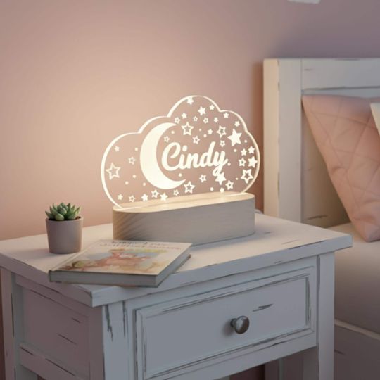 Discover Personalized Night Light with Name, Moon & Stars or Rainbow Acrylic 3D LED Lamp for Nursery Decor and Gift