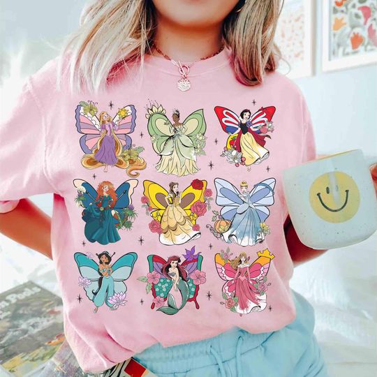 Discover Coquette Disney Princess Buttterfly Group Shirt, Disney Aurora Ariel Belle Cinde Tiana Shirt, Magic Kingdom Disneyland Girl Trip 2025