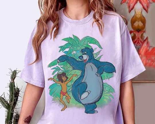Discover Disney The Jungle Book Mowgli & Baloo Crayon Sketch Retro Shirt, WDW Magic Kingdom Unisex T-shirt Family Birthday Gift Adult Kid Toddler Tee