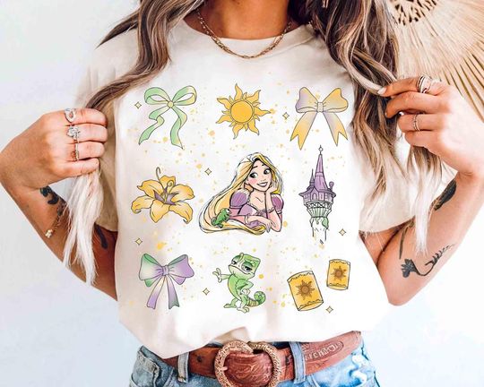 Discover Disney Tangled Watercolor Coquette Bows Shirts, Rapunzel Princess Sun Lantern Shirt, Pascal Tee, Magic Kingdom Family Vacation Trip