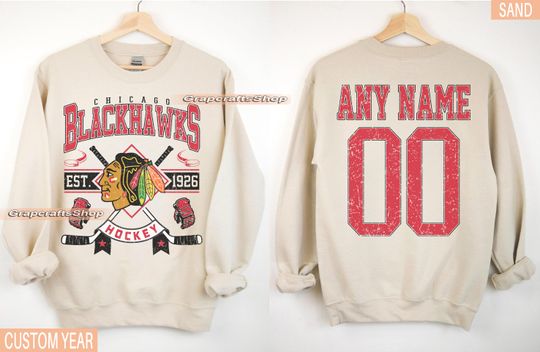 Discover Personalized Chicago Hockey Sweatshirt, Chicago Blackhawks crewneck, Chicago Hockey shirt, Custom Hockey Shirt, Hockey Number Shirt