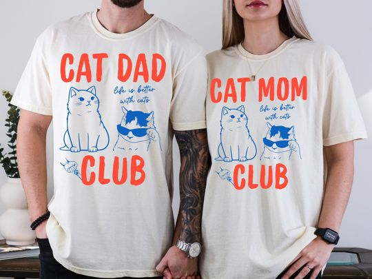 Discover Cat Mom & Cat Dad Couple Shirts, Comfort Colors Cat Mom Dad Club TShirt Set, Matching Funny Back Design Tee, Cat Lover Pet Parent Gift