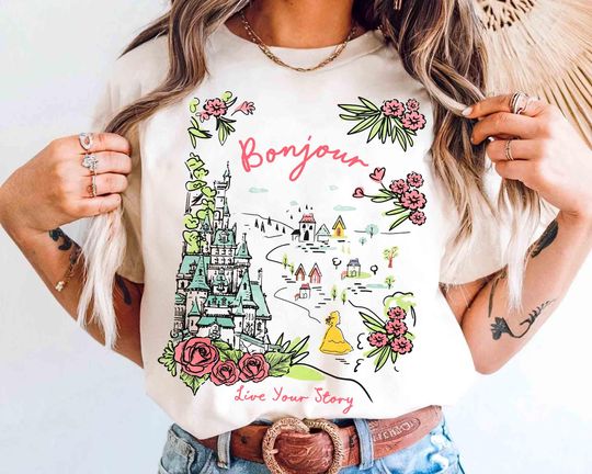 Discover Disney Castle Belle Princess Bonjour Rose T-shirt, Beauty And The Beast Floral Tee, Magic Kingdom Disneyland Family Holiday 2025 Trip