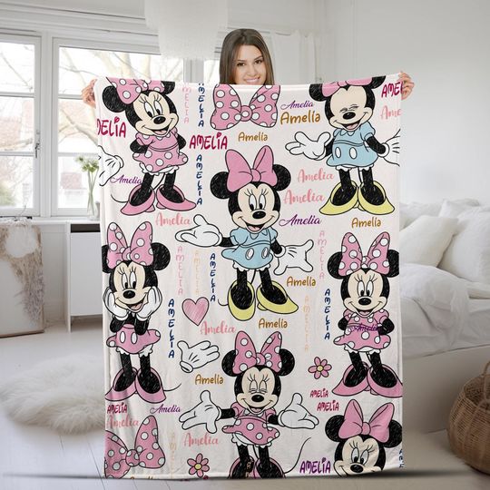 Discover Personalized Watercolor Minnie Mouse Blanket, Custom Name Disney Minnie Blanket, Disney Minnie Birthday Gifts, Kid Name Blanket NGWT06