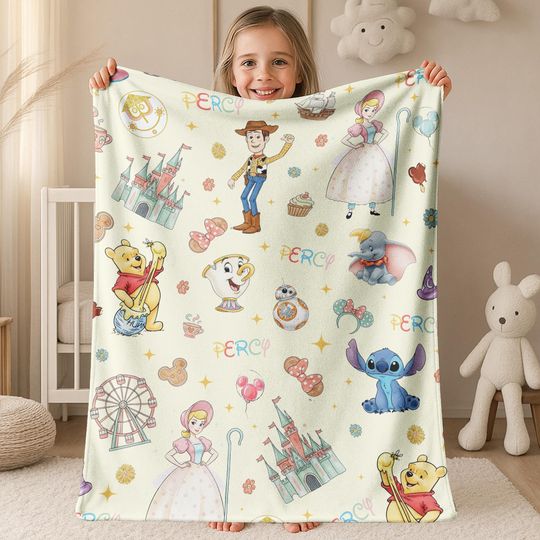 Discover Personalized Disney Park Blanket, Custom Name Character Throw, Cinde Pooh Stitch