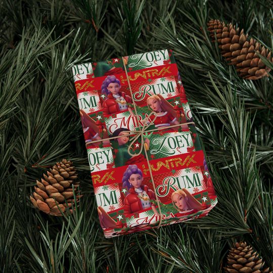 Huntrix K-Pop Demon Hunters Christmas Wrapping Paper | Festive Anime Gift Wrap for Fans | Red Holiday Party Supplies