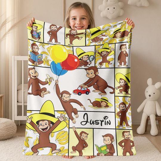 Personalized Curious George Blanket, Custom Name Monkey Blanket