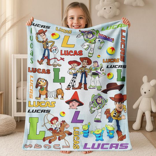 Discover Toy Story Custom Name & Initial Blanket, Personalized Kids Throw, Woody Buzz Toy Story Christmas Gift JCTZ03
