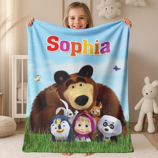 Discover Masha and the Bear Theme Birthday Family Blanket, Custom Personalized Name Blanket, Baby Name Blanket C1LH12