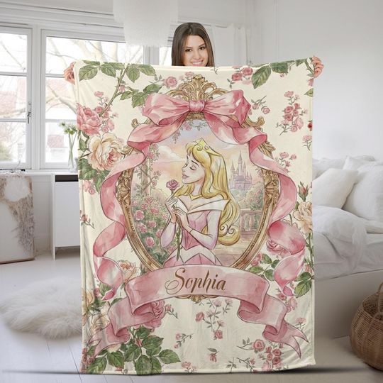 Discover Personalized Watercolor Coquette Bows Sleeping Beauty Disney Princess Aurora Blanket, Disney Castle Princess Birthday Girl Gifts G5Q518