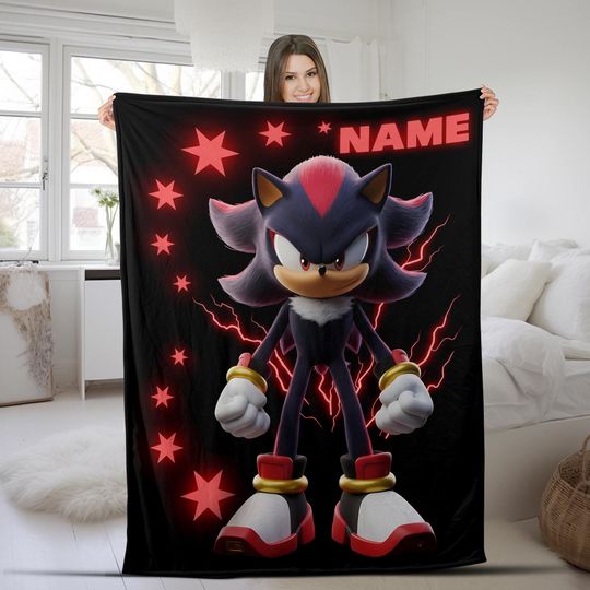 Custom Shadow The Hedgehog Blanket, Personalized Cartoon Hedgehog Minky Sherpa Blanket