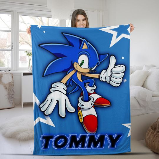Custom Sonic The Hedgehog Blanket, Personalized Cartoon Hedgehog Minky Sherpa Blanket