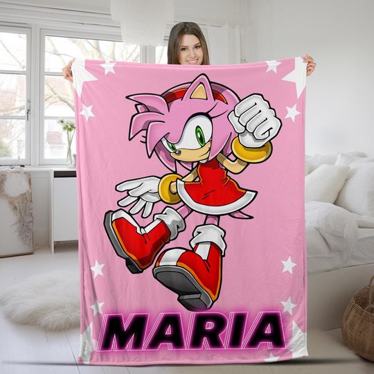 Discover Amy Rose Hedgehog Fleece Blanket, Game Art Chibi Cozy Throw Bed Sofa Decor, Video Game Sonic Inspired Blanket, Custom Name Blanket G5PZ22