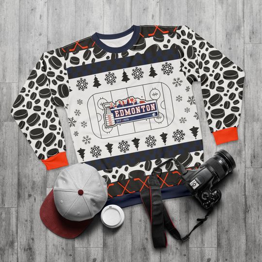 Discover Edmonton Hockey Ugly Sweater Unisex Sweatshirt AOP, Christmas Outfit, Party, Gifts for Him, Gifts for Her, Canada Sports Fans