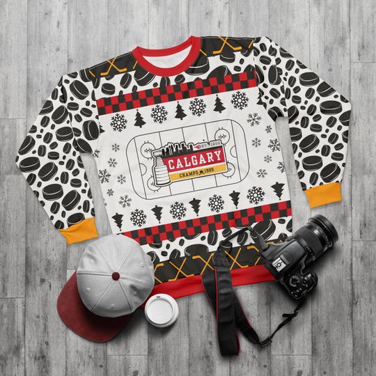 Discover Calgary Hockey Ugly Sweater Unisex Sweatshirt AOP, Christmas Outfit, Party, Gifts for Him, Gifts for Her, Canada Sports Fans