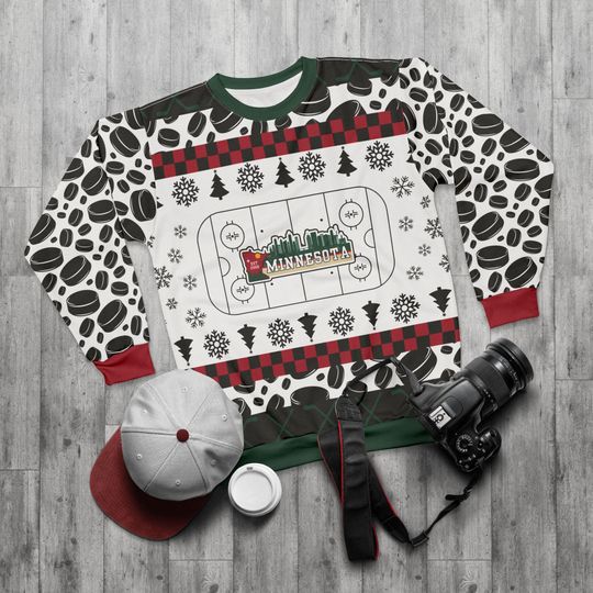Minnesota Hockey Ugly Sweater Unisex Sweatshirt AOP, Christmas Outfit, Party, Gifts for Him, Gifts for Her, Minneapolis Sports Fans