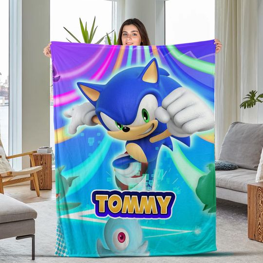 Discover Custom Sonic The Hedgehog Blanket, Personalized Cartoon Hedgehog Minky Sherpa Blanket, Custom Name Blanket, Birthday Blanket BXJ212
