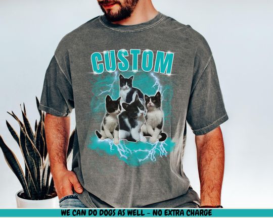 Discover Custom Cat Bootleg Shirt 90s Rap Style Pet Portrait Tee Funny Cat Dad Gift Personalized Photo Cat Shirt Pet Parent Present for Him retro tee