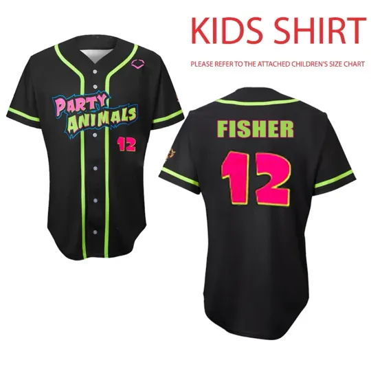 Discover Party Animals Fisher #12 Jerseys Button Baseball Adults Youth Size Shirt