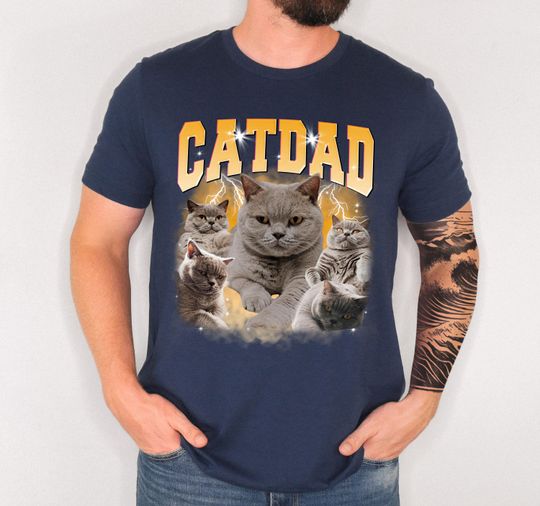 Discover Custom Christmas Cat Dad Shirt, Personalized Photo Gift for Cat Lover, Customizable Bootleg Pet Photo Tee, Bootleg 90's Retro Shirt