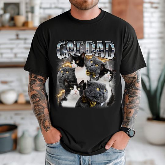 Discover Custom Christmas Cat Dad Shirt - Personalized Photo Gift for Cat Lover, Cat Dad, or Pet Parent - Customizable Bootleg Pet Photo Tee