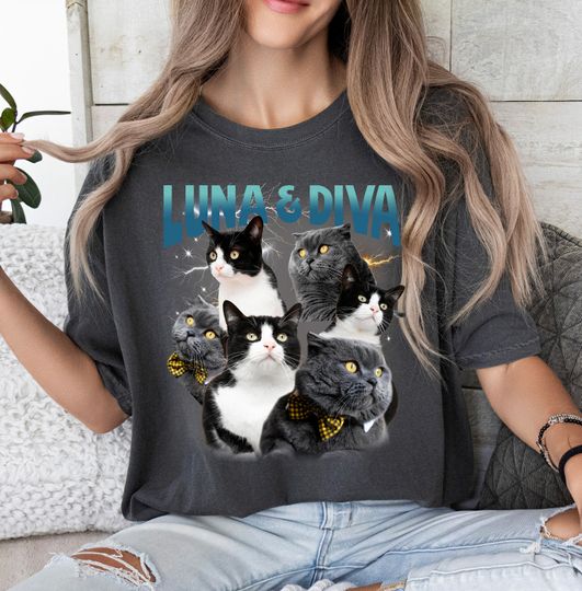 Discover Custom Dog & Cat Shirt Customizable Retro 90s Photo Collage Pet Shirt, Personalized Bootleg Tee, Custom Text Shirt, Cat Themed gifts