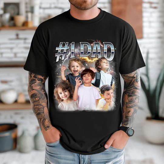 Discover Custom Dad Photo Shirt  Personalized Christmas T-Shirt for Dad, Grandpa, Uncle   First Time Dad Gift - Customizable Text & Photos Shirt