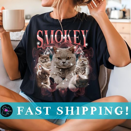 Discover CUSTOM Cat Photo Shirt- 90s Pet TShirt- Bootleg Rap Tee- Customized Retro T-Shirt- Pet Portrait- Picture Memorial Gift- Father's Day Gift