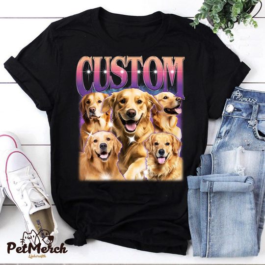 Discover Custom Pet Bootleg T-Shirt  Retro 90s Style Personalized Dog or Cat Tee, Funny Pet Gift for Owners, Pop Art Vintage Pet Shirt