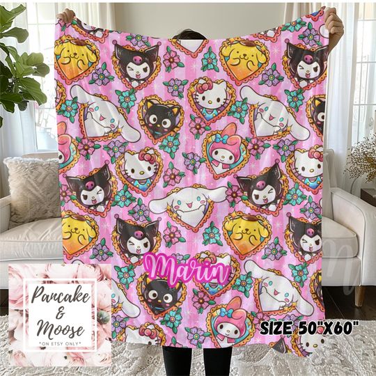 Discover Kawaii Pastel Characters Fleece Blanket – Pink Cozy Throw for Teens & Kids