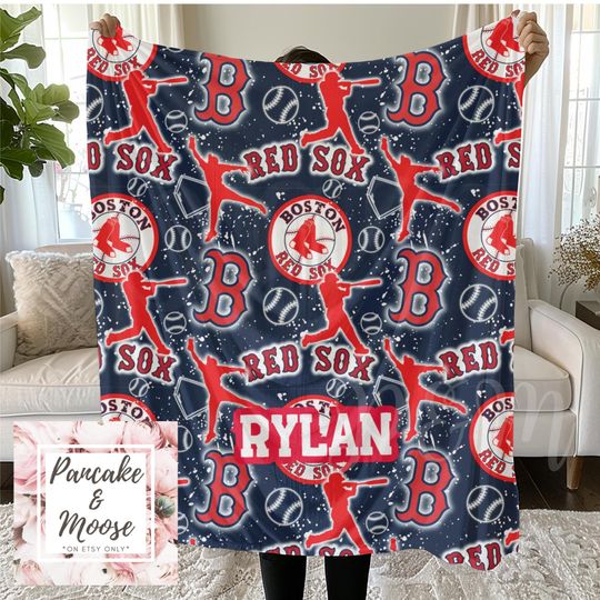 Boston Baseball Fleece Blanket | Personalized Red & Navy Throw | Soft Minky Sports Fan Gift