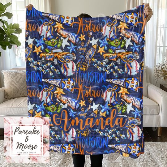 Discover Houston baseball blanket, personalized orange navy throw, custom name gift, Texas sports fan blanket
