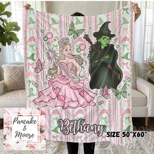 Discover Wicked Inspired Pink and Green Best Friends Blanket  Good & Bad Witch Aesthetic  Personalized Cozy Throw  Wizard Fantasy Room Decor