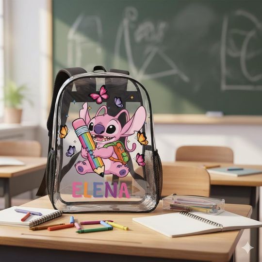 Stitch Angel Transparent Backpack for Girls, Personalized PVC School Bag, Kids Bookbag