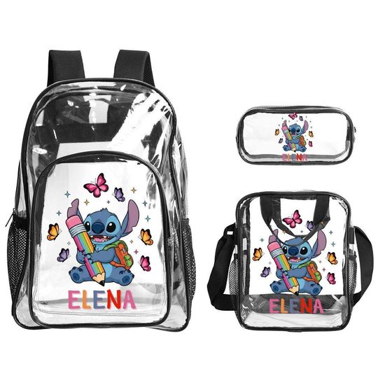Discover Disney Stitch Clear Backpack Set (3-Piece)  Transparent School Backpack with Lunch Bag Pencil Case, Cute PVC Bag Set for Girls Teens Travel