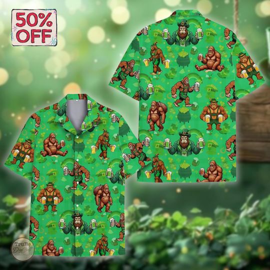 Discover Bigfoot Patrick Day Hawaii Shirt Men Women Youth, St Patrick Day Aloha Shirt, Sasquatch Beer Party Outfit, St Paddy Shirt