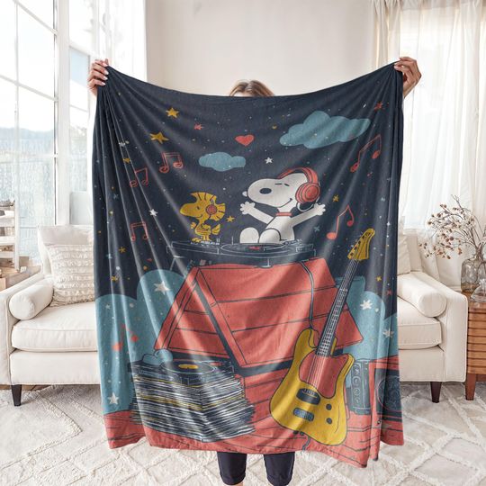 Beagle DJ with Yellow Bird Music Sherpa Fleece Blanket, Retro Cartoon Duo, Cozy Minky Throw for Music Lovers